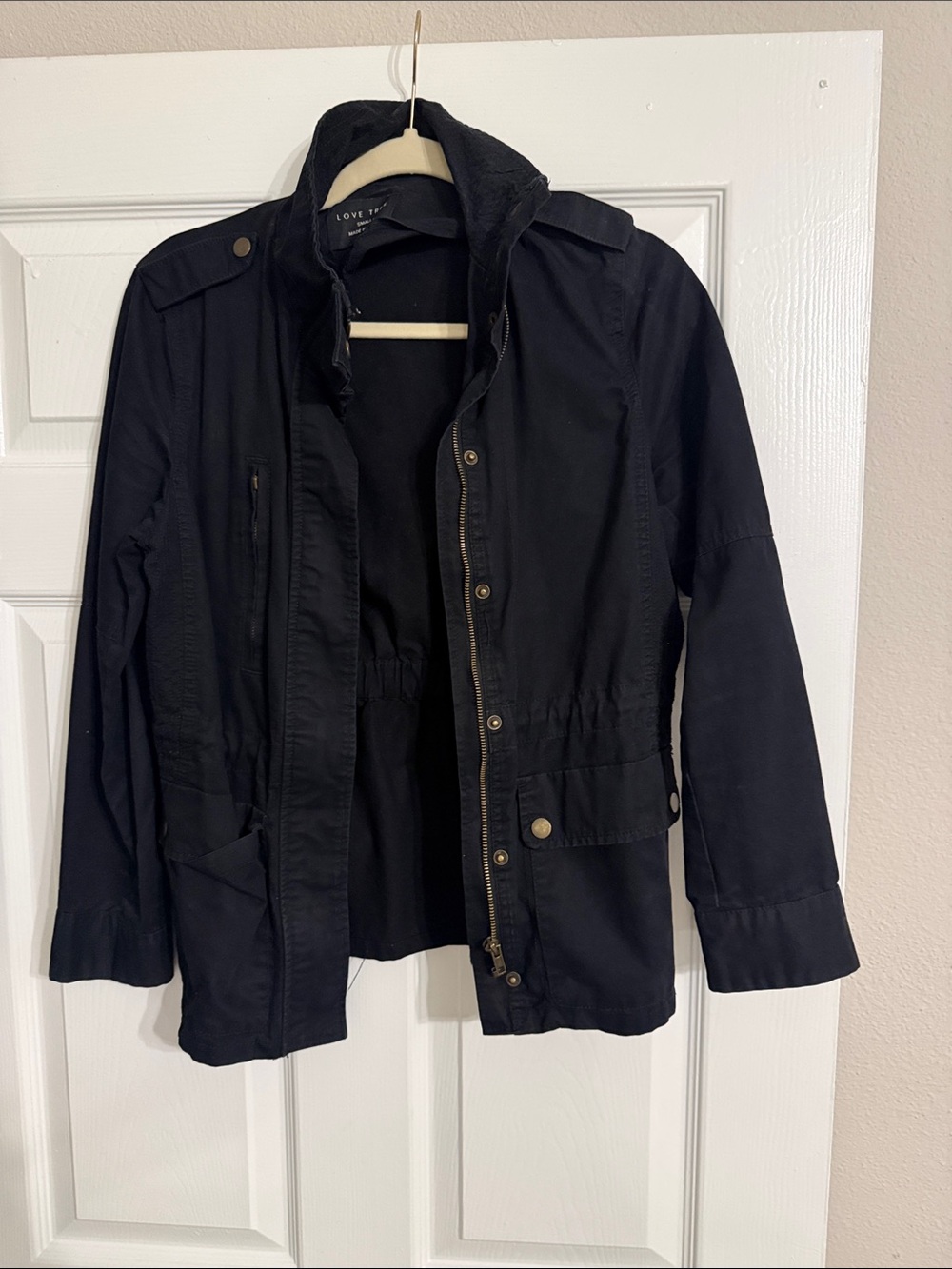Love Tree Women's Black Utility Jacket with Snap & Zip Front